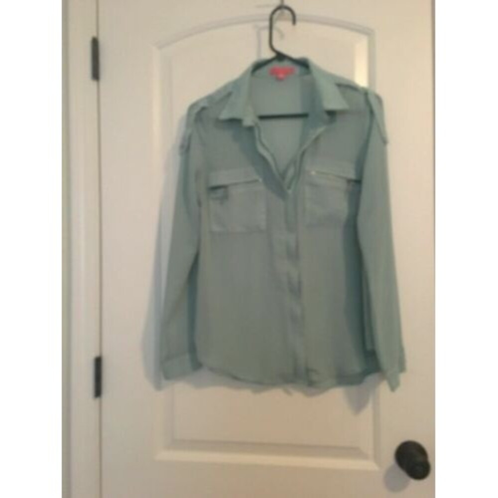 Peach Royal Women's Long Sleeve Full Zip Sheer Shirt Blouse Size Small Green